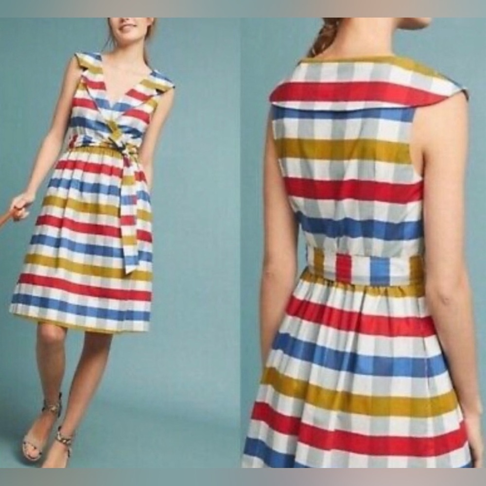 Maeve Cricket Club Fit & Flare Dress Sz 2 Cotton Gingham Belted Anthropologie